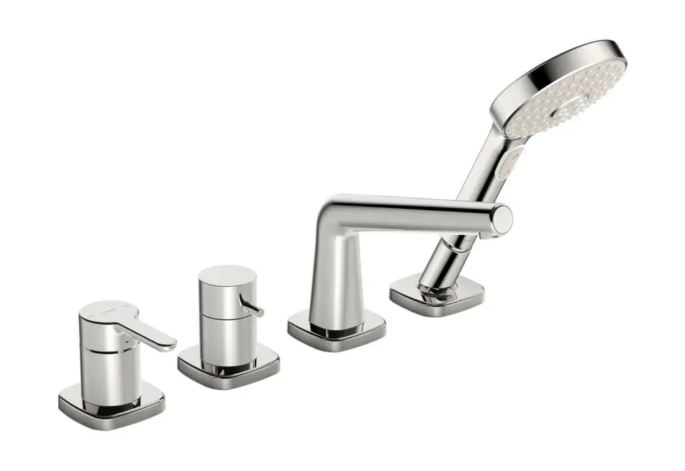 Einhebelmischer mit separatem Brauseanschluss, aus poliertem Metall. Markenlogo von HANSA sichtbar. Drei Elemente sind in der Montageanordnung zu sehen.